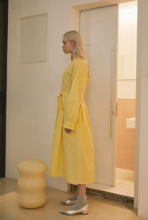 Long-Sleeve Linen Midi Dress With Ruffled Cuffs, Gathered Neckline And Waist Tie Detail